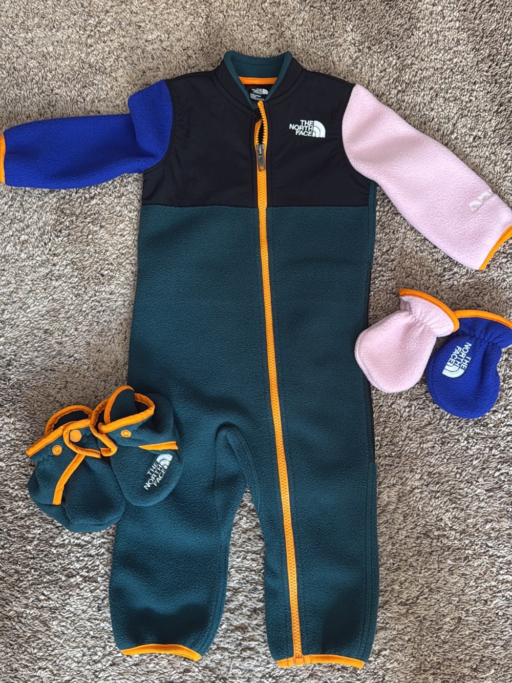 The North Face Kids Colorblock Fleece One-Piece in Teal with Pink & Blue Sleeves